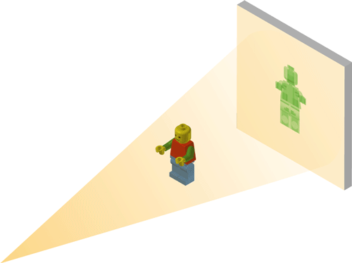 An animated illustration of of a turning, lit up lego figure, casting a three dimensional shadow on a wall behind