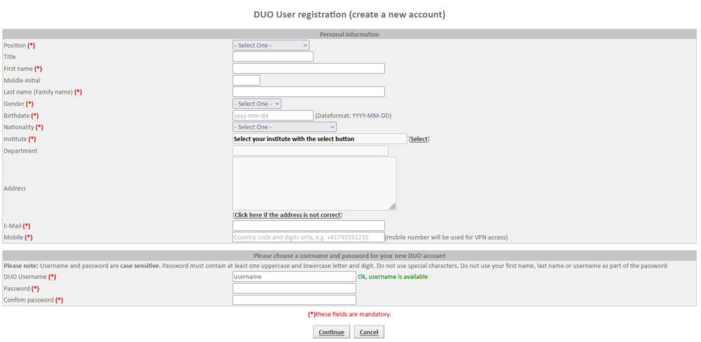 image showing the registration form for new accounts in DUO
