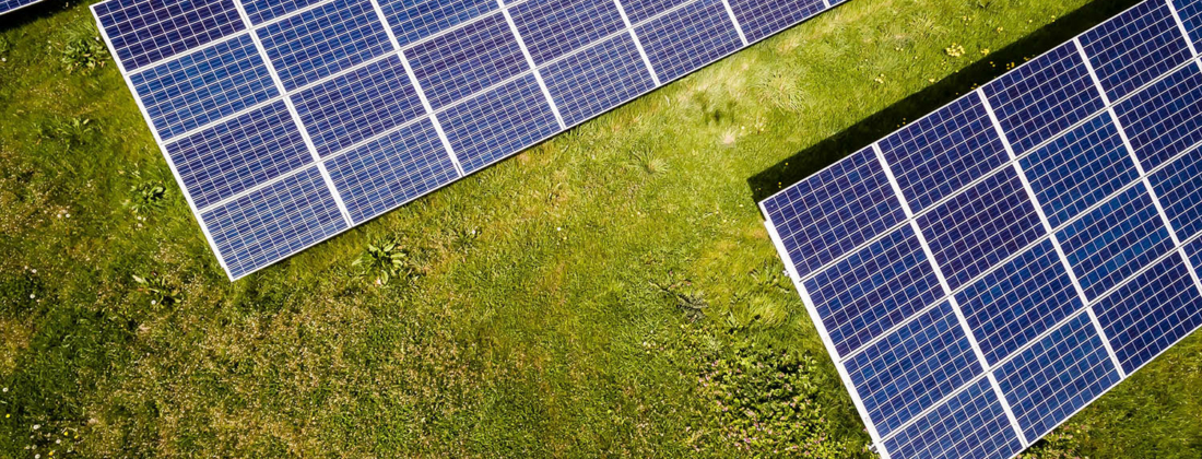 Solar panels lying on green grass on the ground.