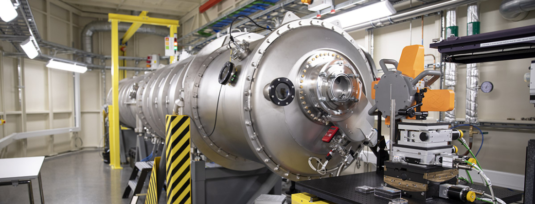 Overview photo of a shiny beamline at the MAX IV synchrotron.