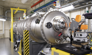 Overview photo of a shiny beamline at the MAX IV synchrotron.