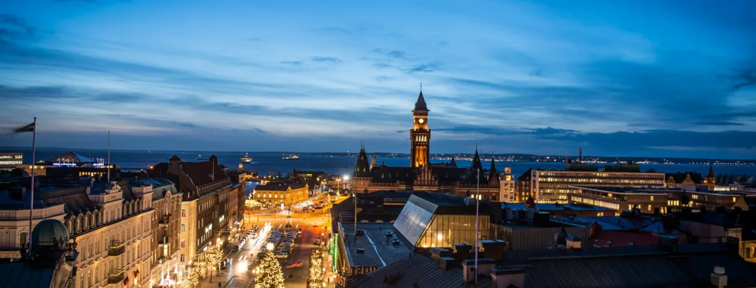 Helsingborg City in Sweden at nighttime.