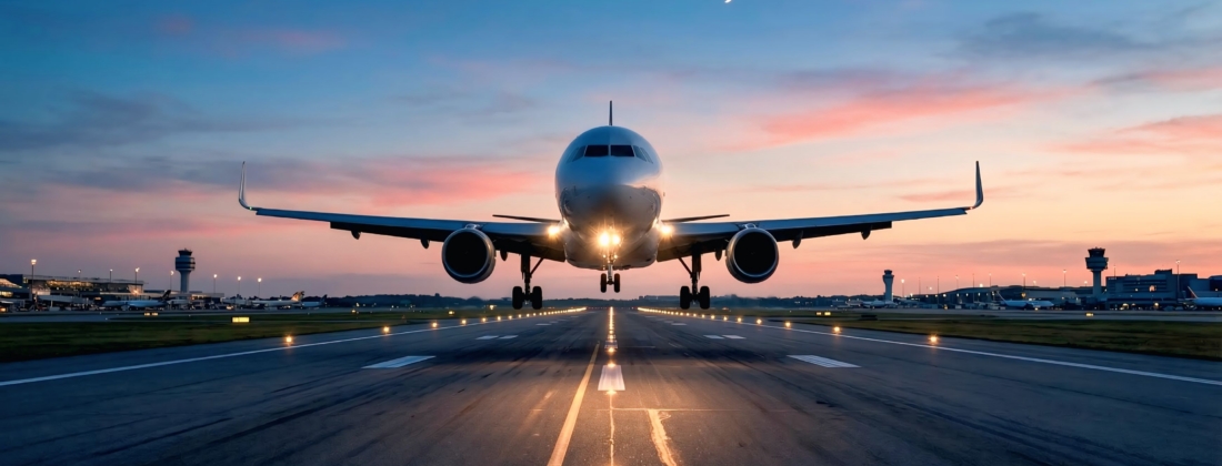 Cinematic Commercial Airplane on Airport Runway at Sunset with Dramatic Sky – Aviation Travel
