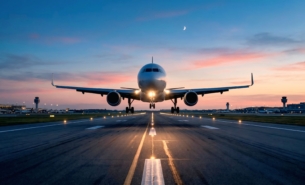 Cinematic Commercial Airplane on Airport Runway at Sunset with Dramatic Sky – Aviation Travel