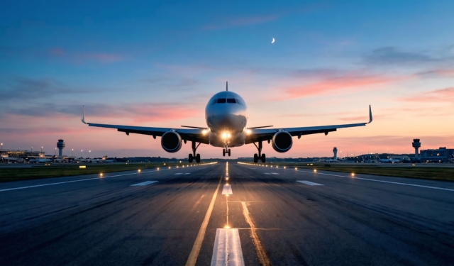 Cinematic Commercial Airplane on Airport Runway at Sunset with Dramatic Sky – Aviation Travel