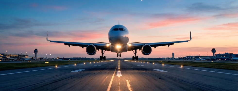 Cinematic Commercial Airplane on Airport Runway at Sunset with Dramatic Sky – Aviation Travel